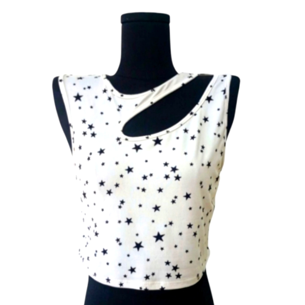 5/$25 Rainbow Cut Out Crop Top, White with Black Stars